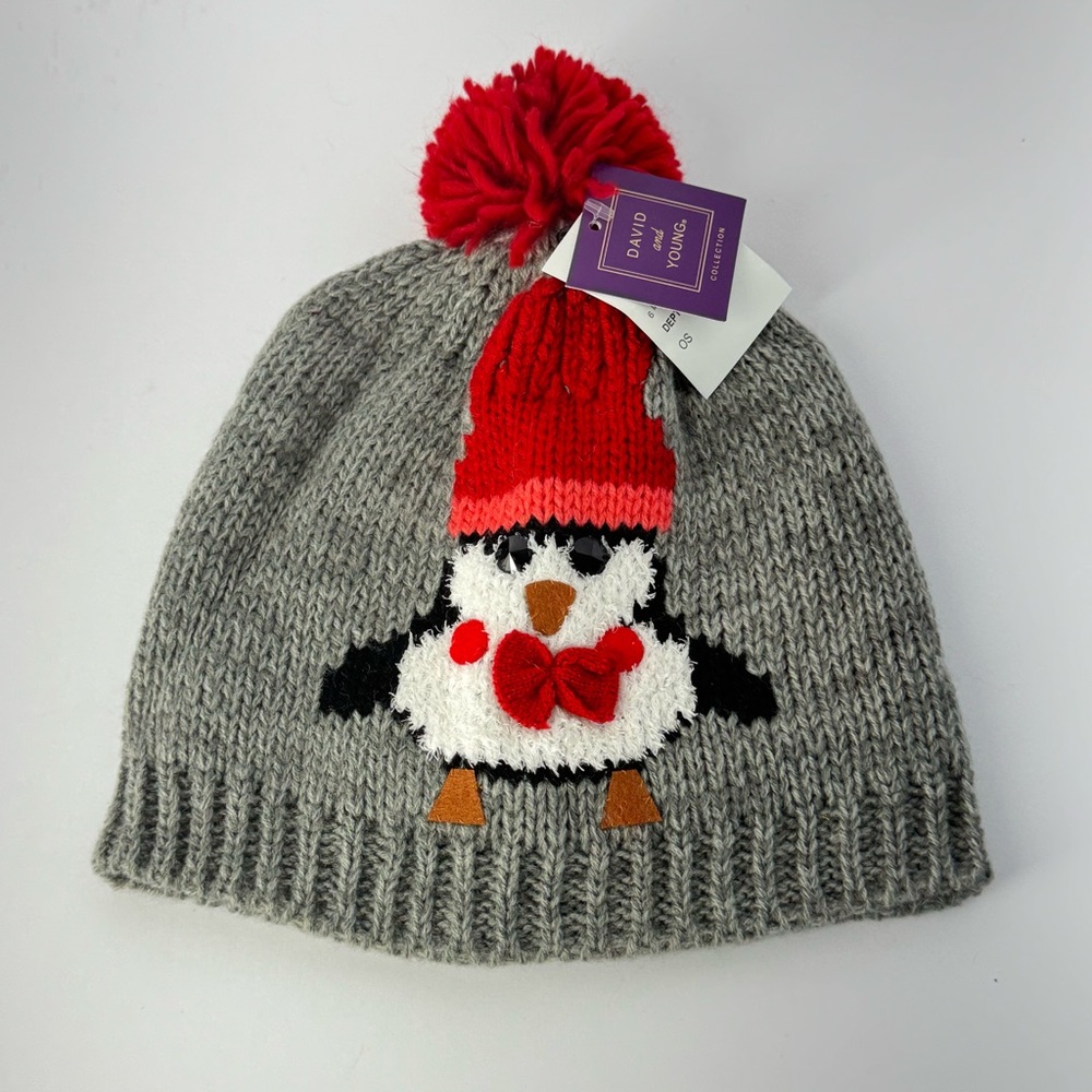 David and Young Beanie Penguin Gray with Red Pom-Pom NWT